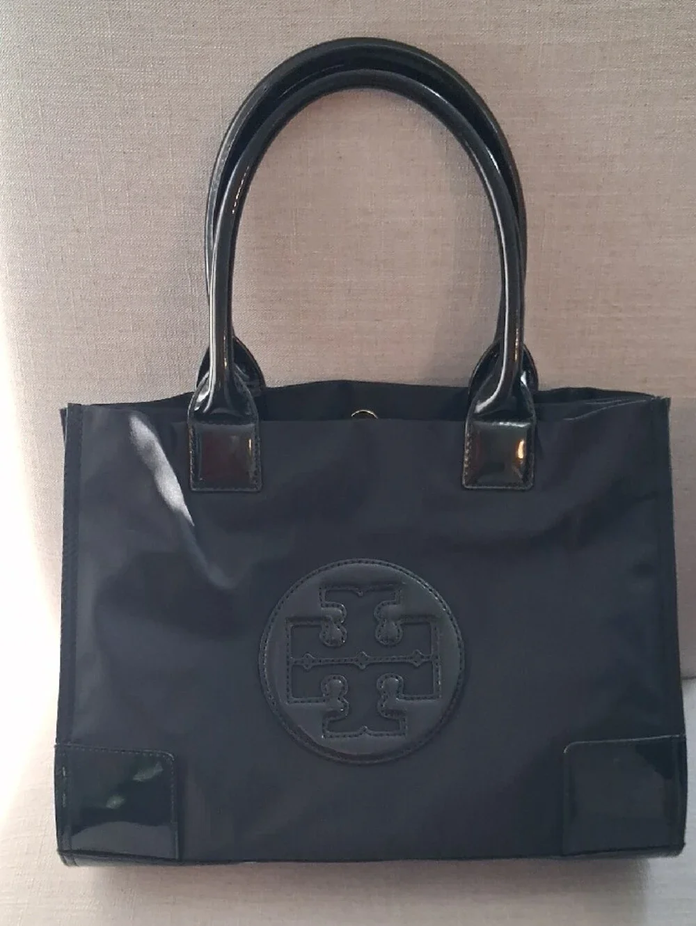 Tory Burch Black Nylon Tote with Patent Trim and Logo